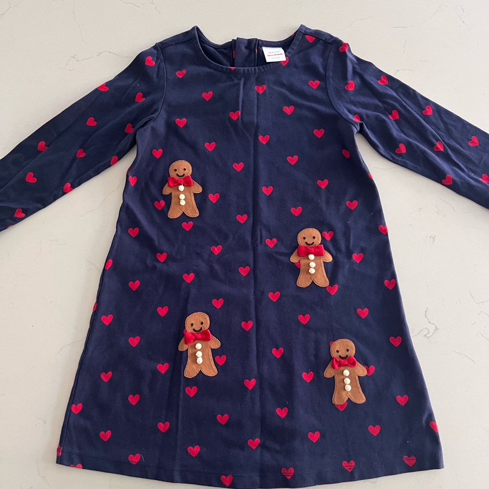 Hanna Andersson Girls Navy Gingerbread Dress with Red Hearts